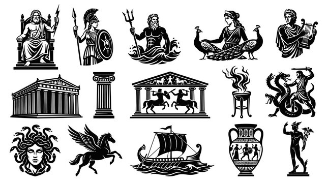Ancient Greek Mythology Gods, Creatures  Symbols Black  White Glyph Icons Set