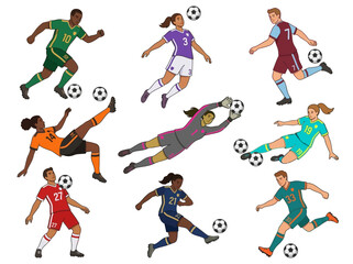 Fototapeta premium Dynamic Illustration of Soccer Players Performing Various Actions on the Field