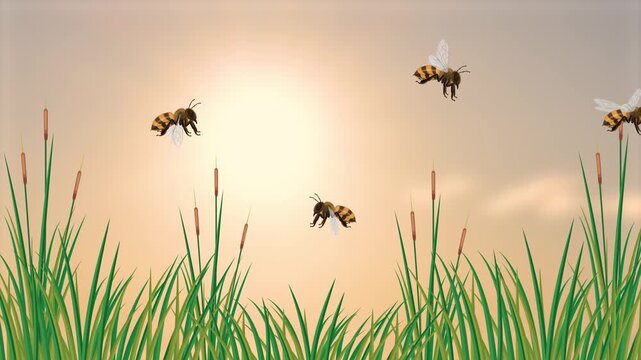 Animated bees fly around cattails and grass with bright sun and clouds in background motion footage.