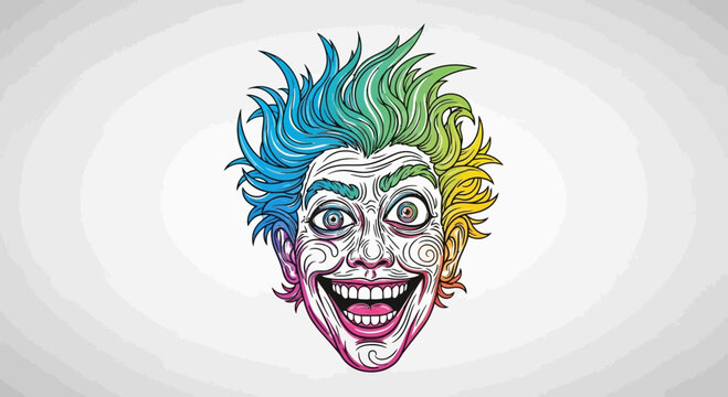 Crazy Joker Face with Rainbow Hair and Wild Eyes - Illustration