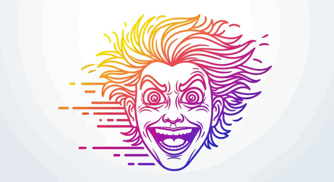 Crazy Man Face Illustration with Wild Hair and Grinning Expression, Colorful Gradient