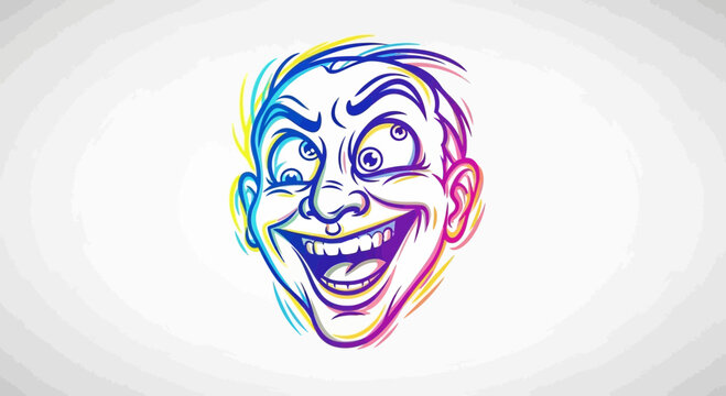 Crazy Man Face Illustration, Distorted Eyes, Wide Smile, Colorful Outline, Unhinged Expression