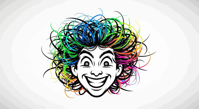 Crazy colorful hair, happy face, abstract art, vibrant, energetic, creative, fun, unique, artistic