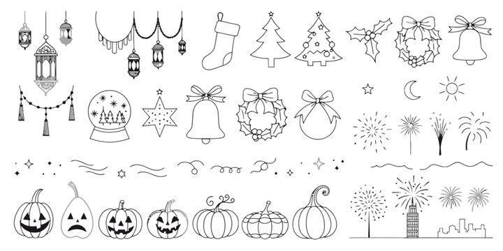 Black and white line drawings of various holiday icons and symbols