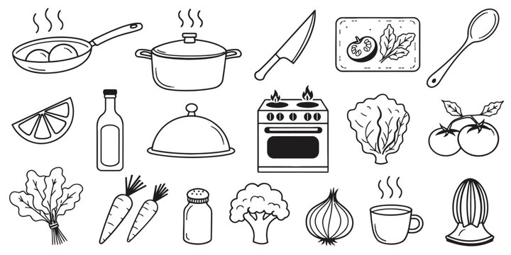 Black and white line drawing set of kitchen items and food
