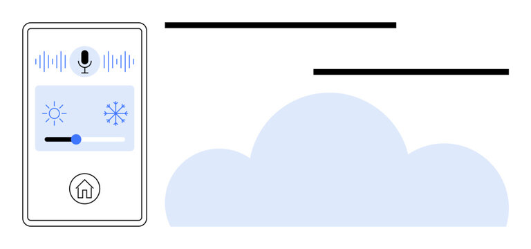 Smart home, voice control, cloud services, energy efficiency, climate control, remote management. A smartphone interface displaying climate control options beside a cloud icon. Smart home and voice