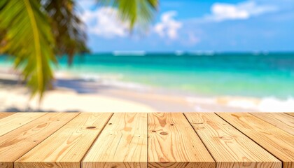 Fototapeta premium Serene beach scene with wooden deck and palm tree overlooking turquoise ocean waters on a sunny day