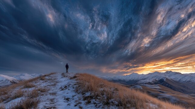 Solitary figure surveys vast mountainous landscape at sunset