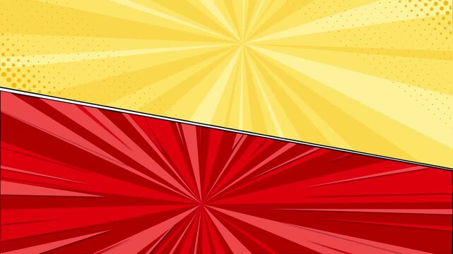 Comic book pop art background with yellow and red radiating sunburst rays and dot halftone patterns.