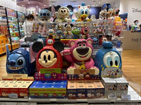 April 2026, Singapore: Disney vinyl figurines Donald Duck, Mickey Mouse, Lotso, Stitch