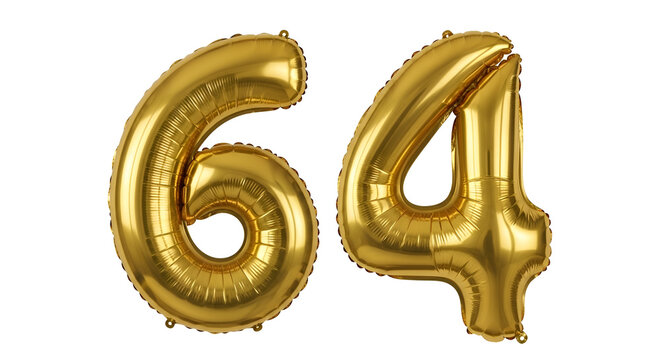 Gold foil balloons number 64 for 64th birthday on white background