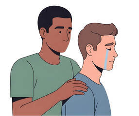 Fototapeta premium Friend Supporting Crying Man Profile Illustration Concept, A side-view illustration showing one man offering emotional support and comfort to a crying male friend during a difficult time.