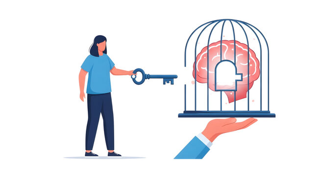 Mental health freedom woman unlocking brain cage with key, A flat vector illustration of a woman in a blue shirt using a large key to unlock a birdcage containing a human brain, held up 