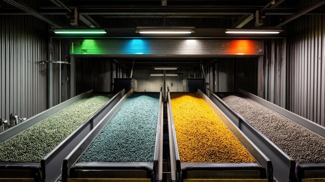 Industrial sorting system processing colorful granular materials