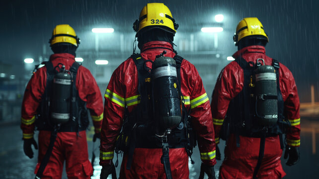 Three firefighters in red protective gear and yellow helmets stand in the rain, ready for emergency response during nighttime.