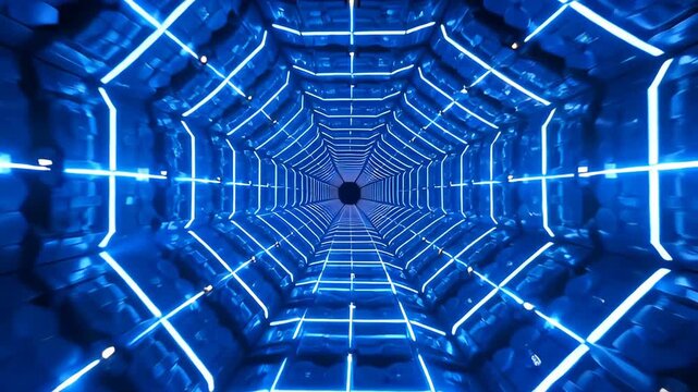 Blue futuristic tunnel with geometric light pattern, perspective vanishing point, hexagonal symmetry, glowing orange abstract corridor, dark center, blue light, pattern leading to vanishing point