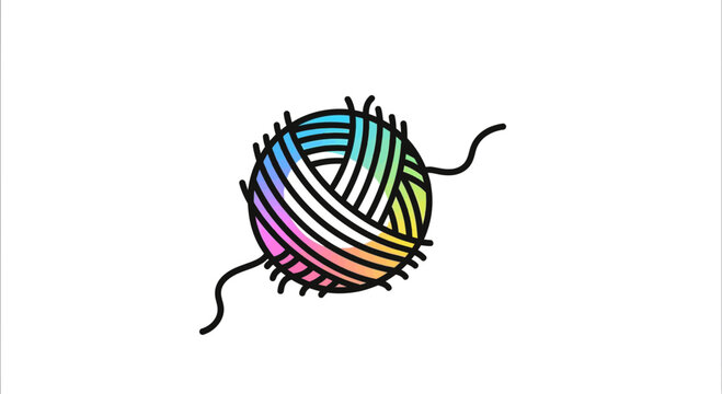 Colorful ball of yarn with loose threads, simple line art icon on white background
