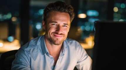 Obraz premium Confident businessman smiles in office at night with bokeh city lights background.