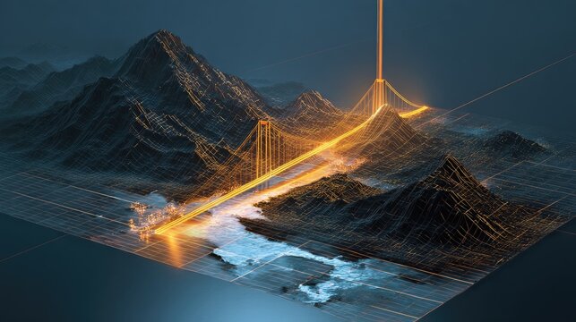 Wireframe mountains and glowing bridge over digital water