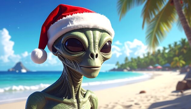 A green alien wearing a Santa hat on a tropical beach