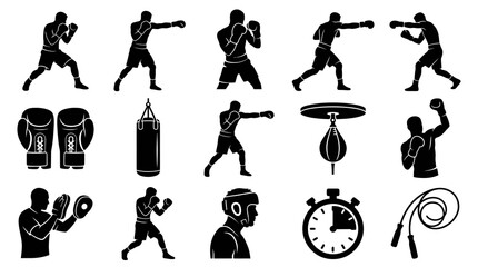 Obraz premium Black White Boxing Icons: Fighters, Gloves, Bag, Speed Bag, Timer, Rope