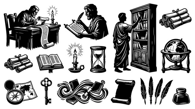 Ancient Scribe Writing, Books, Scrolls, Globe, Library, Time, History, Black  White