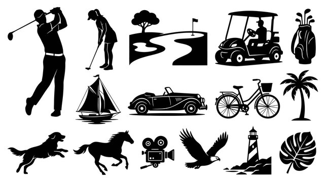 Silhouette Icons: Golf, Car, Bike, Boat, Dog, Horse, Eagle, Camera, Lighthouse, Palm Tree, Leaf