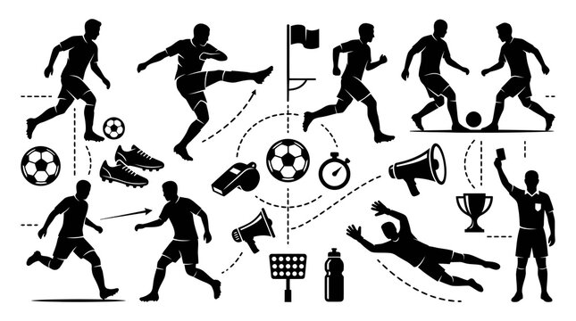Soccer Football Game Elements Black and White Silhouette Glyph Vector Icon Set