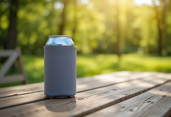 Obraz premium Cold drink in a grey foam can cooler on a wooden table in a sunny backyard garden. beer koozie
