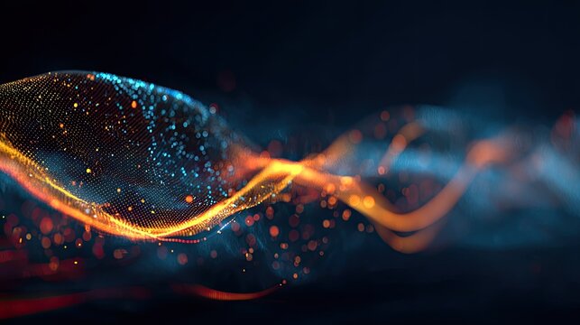 Glowing orange and blue particle waves against a dark background