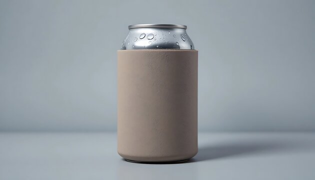 Cold metal soda can inside a light brown foam sleeve for keeping drinks chilled. beer koozie