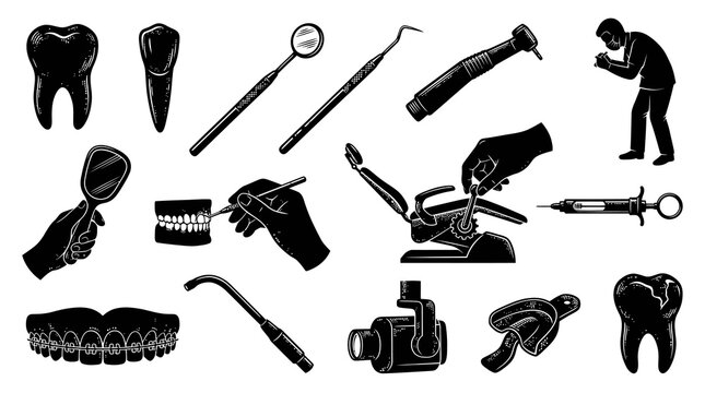 Black  White Vector Art of Dental Tools and Instruments