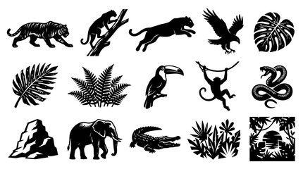 Naklejka premium Wildlife Safari Jungle Animals Tropical Plants Black Silhouette Vector Icons