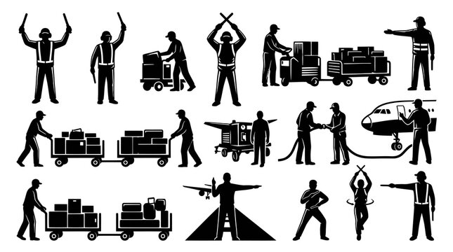 Airport Ground Crew Silhouettes: Baggage Handling,Marshalling, Aircraft Assistance