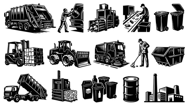 Retro Waste Management  Recycling Industry Vehicles and Equipment Engraving Set