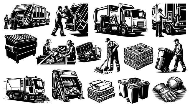 Waste Management and Recycling Icons Set. Black and White Line Art Vector Collection