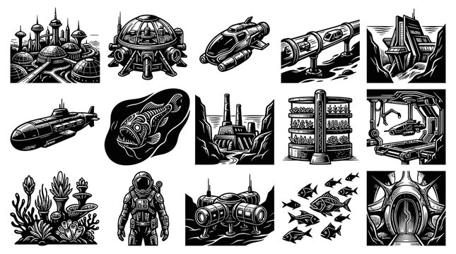 Sci-Fi Vector Icons: Futuristic City, Spaceship, Astronaut, Underwater Life, Industrial