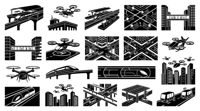Future Transportation and Smart City Icons Set - Black  White Urban Mobility Glyphs