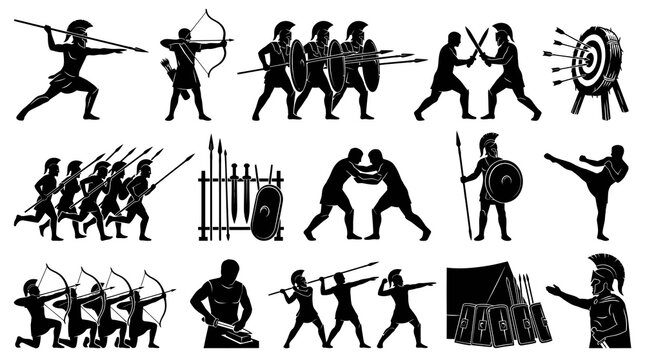 Ancient Greek Warriors Silhouette Icons - Black  White Historical Stock Art