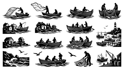 Obraz premium Black White Woodcut Fishing and Maritime Vector Illustrations Set
