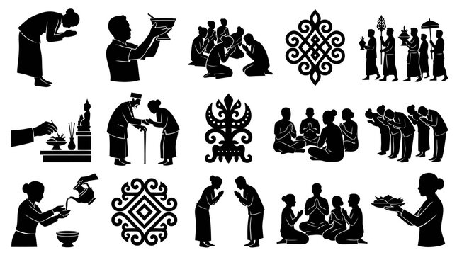 Thai Buddhist Cultural Rituals and Symbols - Black  White Silhouette Vector Set