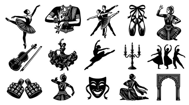 Performing Arts, Dance  Music Black  White Vector Icons: Ballet, Indian Dance, Theater Set