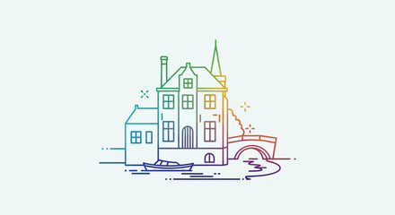 Obraz premium Charming European Canal House with Boat and Bridge, Minimalist Line Art, Rainbow Gradient