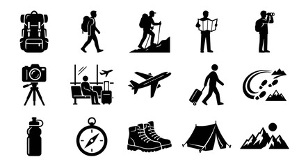 Obraz premium Black White Travel Icons Set: Backpack, Camera, Plane, Tent, Mountains