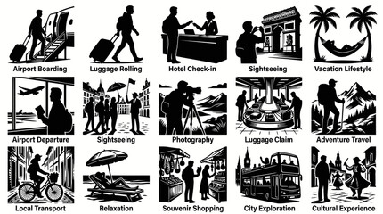 Obraz premium Travel and Tourism Icons: Airport, City, Vacation - Black and White Vector Set