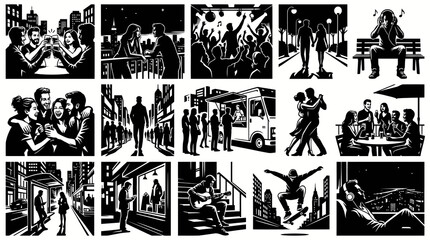 Fototapeta premium Black White Vector Art of People Enjoying City Life Social Events