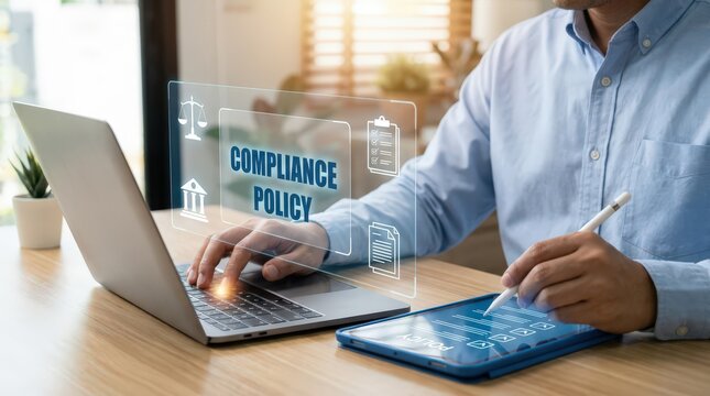 Compliance Officer using Compliance Policy on Laptop and Tablet with holographic interface interaction, regulatory adherence concept.