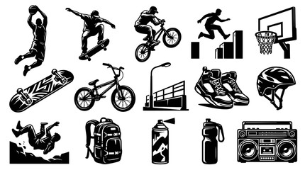 Naklejka premium Black and White Vector Icons of Extreme Sports and Urban Lifestyle