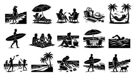 Obraz premium Black and White Beach Vacation Silhouettes - People Relaxing and Playing