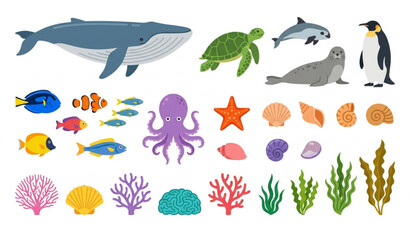Ocean animal infographic vector set with marine life turtle whale fish octopus penguin and coral isolated on white © Joy